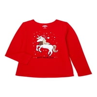 Tatil Zamanı Kızlar Noel Tek Boynuzlu At Uzun Kollu Tişört, 4-18 Beden
