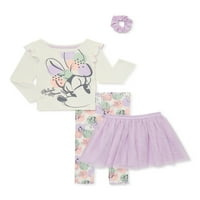 Minnie Mouse Bebek ve Yürümeye Başlayan Kızlar Uzun Kollu Üst, Etek Tayt ve Scrunchie, Kıyafet Seti, Boyutları 12M-5T