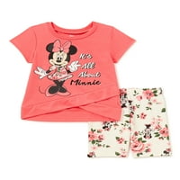 Minnie Mouse Bebek Kız ve Yürümeye Başlayan Kızlar Çapraz Ön T-Shirt ve Çiçek bisiklet şortları, 2 Parça Kıyafet